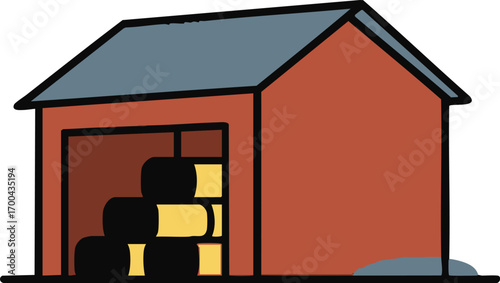 Barn Illustration Vector with Hay Bales in Cartoon Style Using Red and Blue Colors