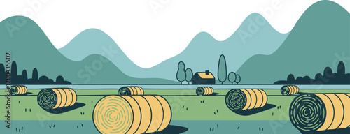 Landscape Vector Illustration Featuring Hay Bales Hills and Farmhouse in Modern Minimalist Style with Blue and Green Color Palette