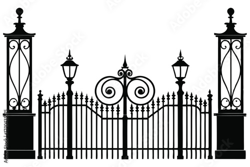 Ornate Black Iron Gate Silhouette Featuring Posts, Lamps, and Scrollwork Details on White Background