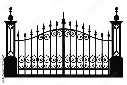 Ornate Black Iron Gate Silhouette with Decorative Swirls and Column Pillars Design