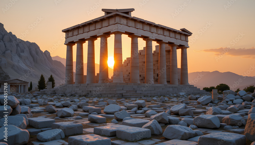 Fototapeta premium Ancient Greek Temple Ruins at Sunset with Majestic Stone Columns