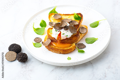 Wallpaper Mural Poached egg with black truffle on crispy buttered bread. Truffle breakfast, French cuisine, simple gourmet recipes. Autumn gourmet cuisine of Piedmont, Northern Italy, France, Spain Torontodigital.ca