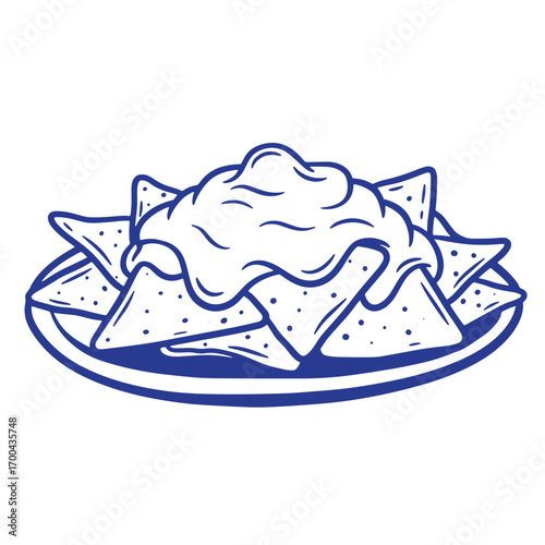 Delicious plate of nachos drenched in creamy cheese sauce illustration for menu designs