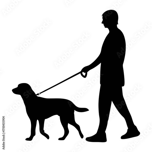 Silhouette of man walking dog on leash vector illustration for pet owners and dog walkers design asset