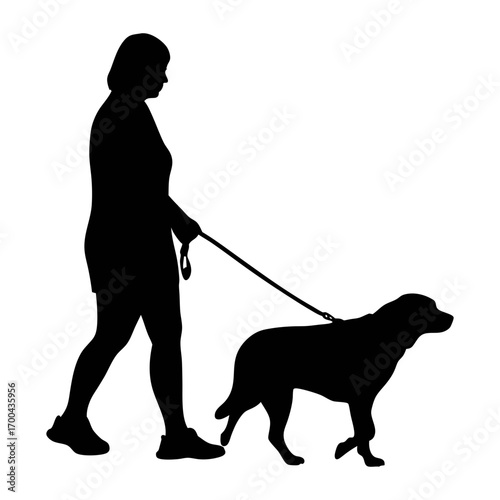 Silhouette of woman walking dog on leash outdoor exercise pet owner canine companion animal care health