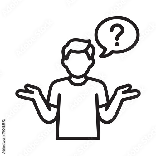 Confused person with question mark speech bubble isolated on white background