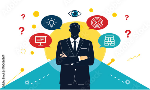 Businessman thinking with strategy icons and decision making concept illustration design
