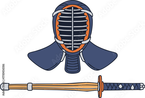 Kendo Equipment Vector Illustration with Shinai Sword and Bogu Mask Minimalist Style