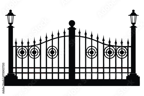 Ornate Black Iron Gate with Spear Top Finials and Lampposts Silhouette Image
