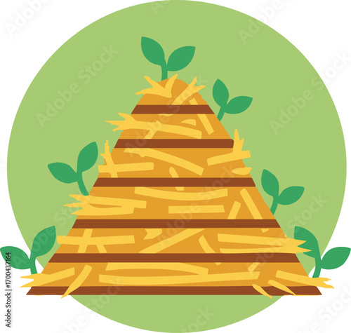 Illustration Vector of Haystack with Green Seedling Sprouts in Cartoon Style
