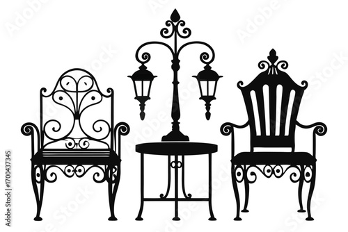 Ornate Outdoor Furniture Silhouette Two Chairs, Table, and Street Lamp Decorative Design