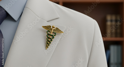 Doctor's White Coat with Caduceus Symbol Pin