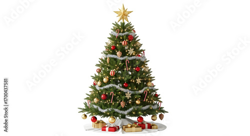 Festive green Christmas tree shines against a dark background, showcasing decorations for holiday-themed video backdrop or seasonal social media design.