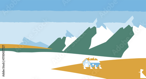 Landscape Vector Illustration with Mountains and Houses in Flat Geometric Style with Blue White and Brown Colors