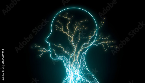 Abstract X-ray skull art with blue light smoke, energy, and motion on a black background