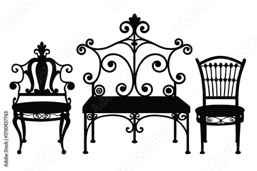 Silhouette of Ornate Antique Chairs and a Bench with Curlicue Ironwork Design