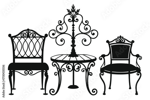 Elegant Silhouetted Patio Furniture Two Chairs and Ornate Table with Floral Topper