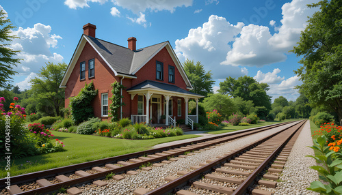 Charming Red Brick House with Porch Beside Train Tracks and Garden
