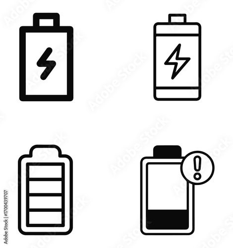 High-quality vector pack featuring a variety of battery icons, perfect for UI design, apps, websites, and digital projects