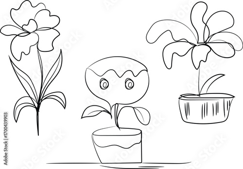 Vector illustration of a flower in a pot, a set of colorful plants in a cup