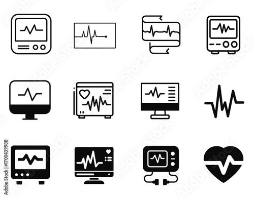 vector pack of ECG icons, including heart rate and medical submit symbols, perfect for healthcare and digital interface design