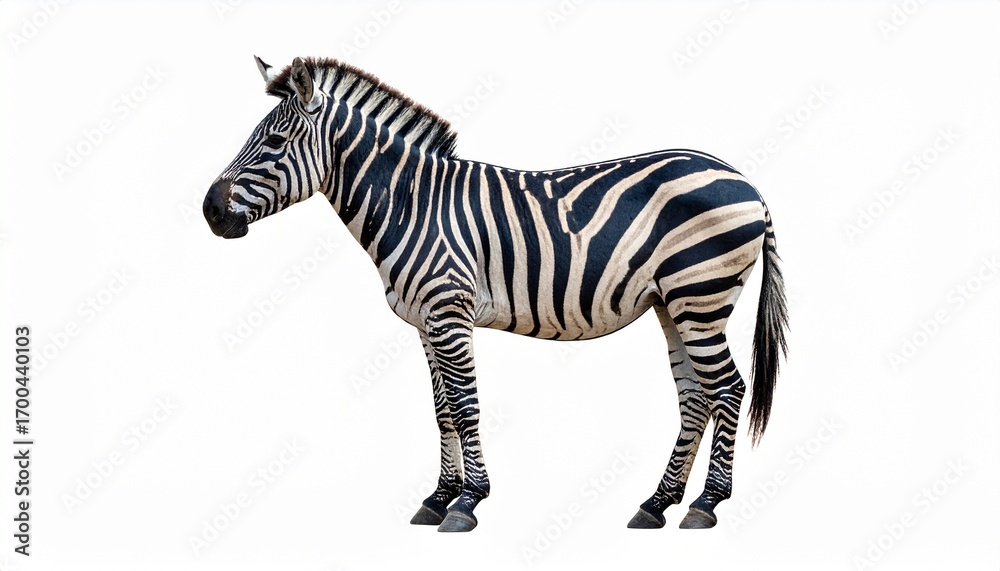 Fototapeta premium Zebra with black and white striped coat slender legs wild African animal isolated on white background