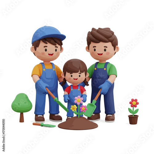 A happy family of three, two fathers and a daughter, planting flowers together in a garden, symbolizing love and togetherness.