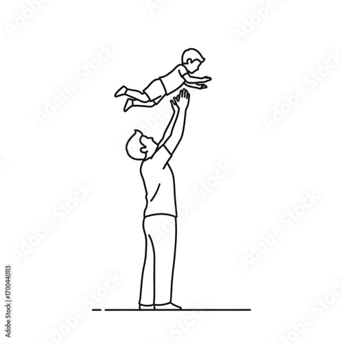 Line art drawing of a father joyfully lifting his young child high into the air, symbolizing playfulness and parental love.