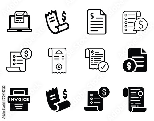 Vector pack of invoice and billing icons, including a modern 'submit' icon, perfect for business and finance design projects