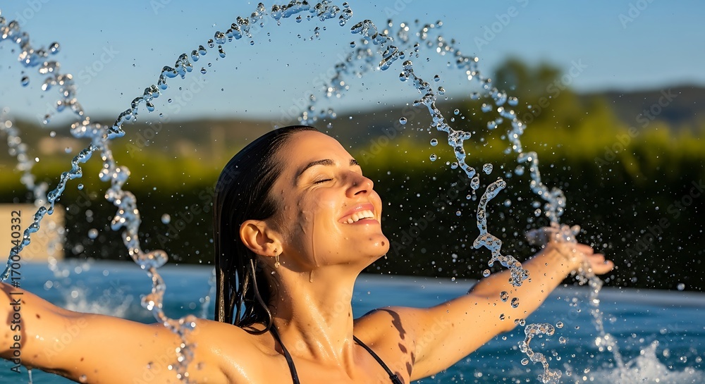 Fototapeta premium Joyful Woman Splashing Water in Pool, Eyes Closed, Summer Day, Sunshine