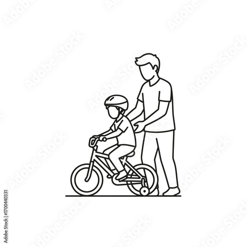Father teaching a child to ride a bicycle, with the child wearing a helmet.