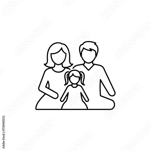 Simple line art illustration of a family, mother, father, and daughter.