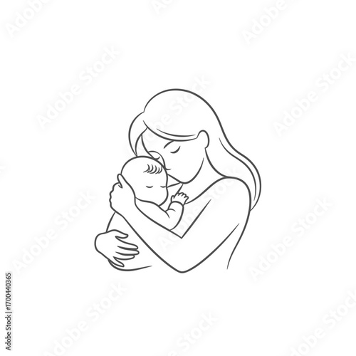 A tender line art illustration of a mother lovingly holding and kissing her newborn baby.