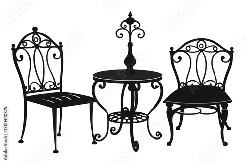Silhouette of Two Ornate Chairs Flanking Table with Decorated Vase Silhouette Style