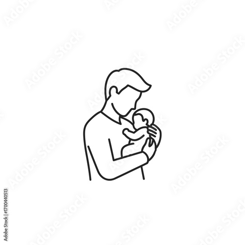 A minimalist line art illustration of a father tenderly holding his newborn baby in his arms.