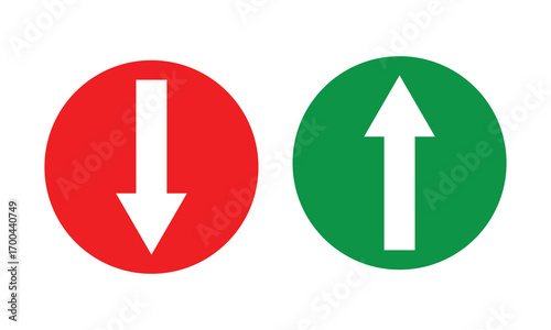Up and down arrows in circle vector icon.  Upward and downward white arrows in green and red circle vector icon.