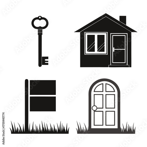 Black silhouette icons of a house key door sign and arched doorway home