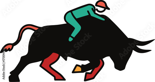 Illustration Art Vector of Bull Riding Silhouette with Modern Geometric Style in Black Red and Green