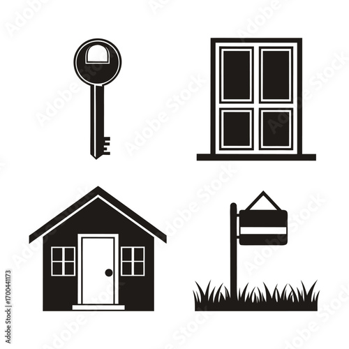 Black silhouette icons of house key window home and for sale sign door