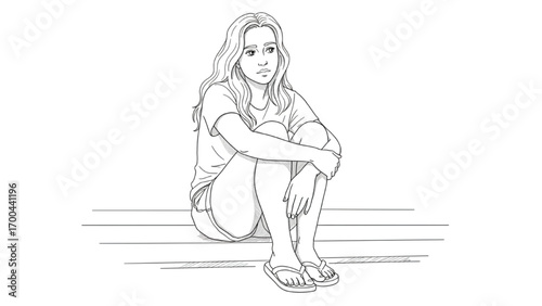 Black Line Art Illustration of a Young Adult Light-Skinned Woman Sitting with Knees Drawn to Chest, Wearing T-Shirt and Shorts, Minimalist Monochrome Style on White Background