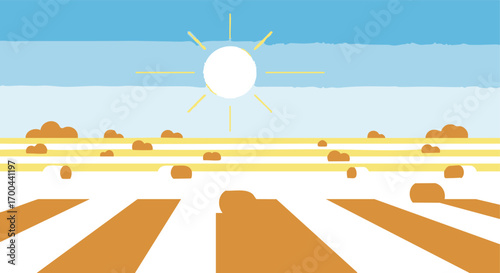 Abstract Landscape Vector Illustration of Field with Sun Minimalist Style in Yellow and Blue