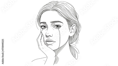 Black Line Art Illustration of a Young Adult Woman’s Face with a Tear, Minimalist Monochrome Style, Sad and Contemplative Expression on White Background