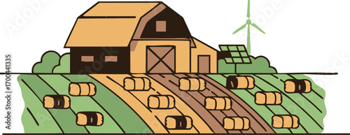 Illustration Vector Farm Scene with Barn Hay Bales and Wind Turbine Modern Style