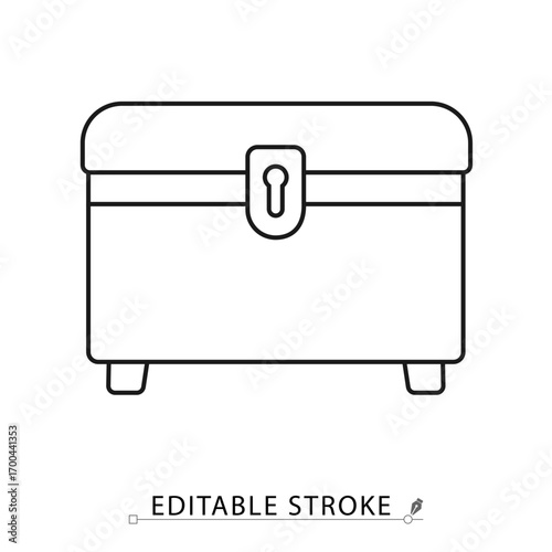 A chest icon in minimalist style with editable stroke. Storage furniture symbol, wooden box element, interior object, home decor concept, household pictogram, vintage trunk design, container graphic.