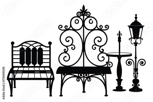 Silhouette of Wrought Iron Garden Bench, Chair, Table, and Lantern Illustration