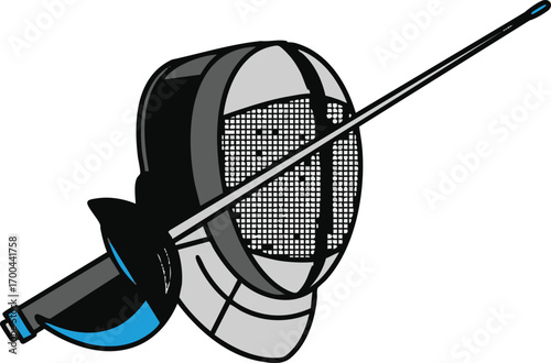Illustration Vector of Fencing Mask and Sword Fencer Sport Graphic Design in Gray and Blue Outline