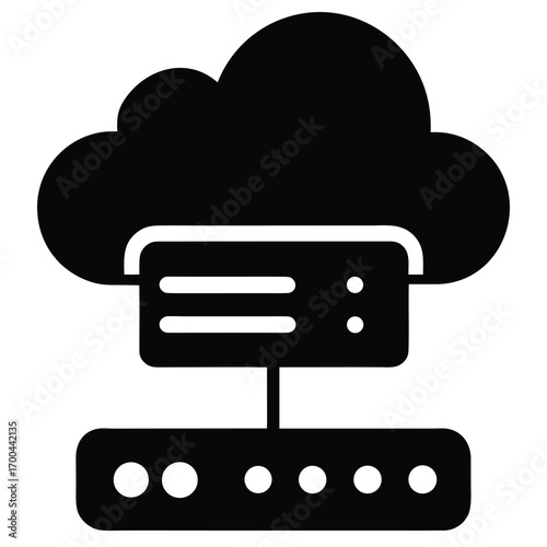 Black silhouette of a cloud connected to a server rack and a network device on a white background