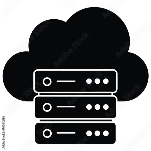 Black silhouette of a cloud above a stack of three server racks on a white background cloud computing