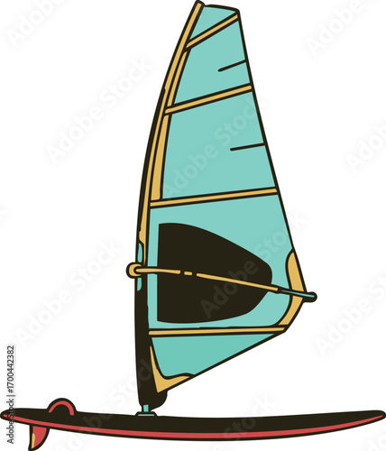 Illustration Art Vector of a Windsurf Board with Aqua Sail and Black Accent in a Flat Style