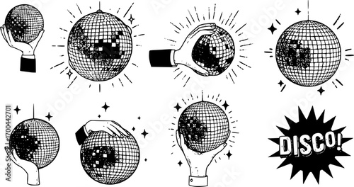 Hand holding disco ball with vintage stippled photocopy texture. Vintage New Year's Eve disco party retro graphic collage element. Vector illustration
